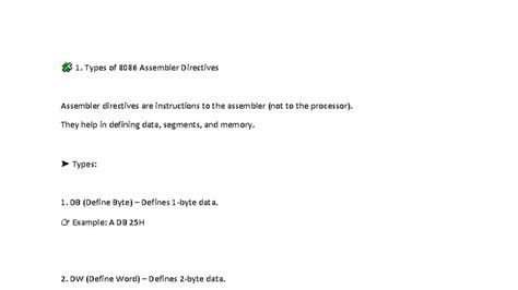 DTM QB - 8086 Assembler Directives & Instructions Overview - Studocu