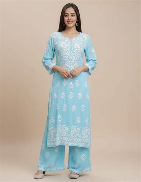 Arnox Sky Blue Premium Rayon Chikankari Embroidered Kurti Set With ...