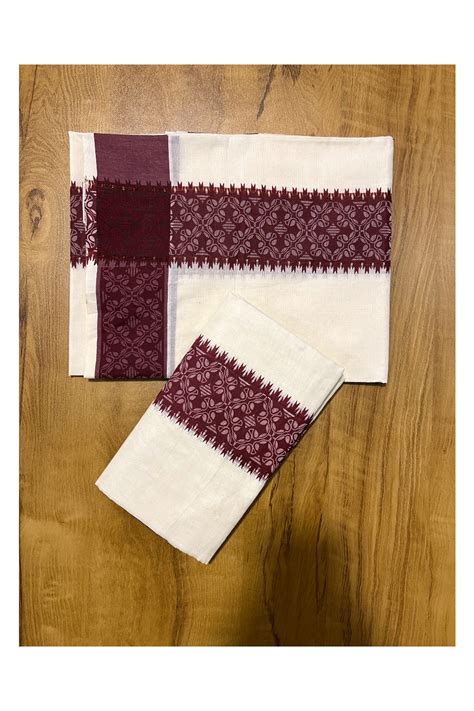 Kerala Cotton Single Set Mundu (Mundum Neriyathum) with Maroon Block p ...