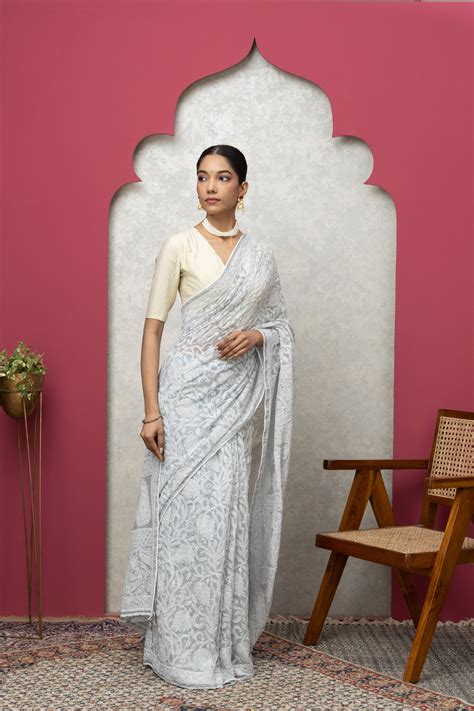 Grey Georgette Chikankari Saree with Blouse | Chikankari Sarees Gurgao ...