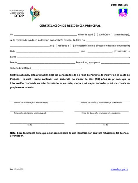 2021-2026 con los campos en blanco PR DTOP-DIS-156 - Rellena, Firma y ...