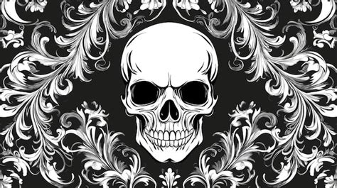 A human skull in the center of a black background with white ornate ...