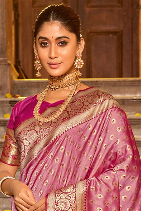 Buy Light Pink Banarasi Silk Saree With Blouse Piece online-Karagiri