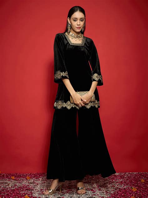 Buy Women Black Velvet Embroidered Glass Neck Short Kurta With Palazzo ...