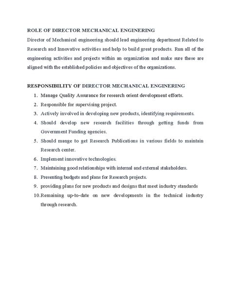 Roles & Responsibility Director - ROLE OF DIRECTOR MECHANICAL ...
