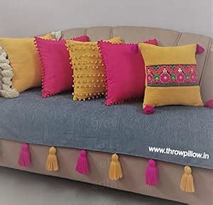 WWW.THROWPILLOW.IN Light Grey Pink Yellow Tassels Sofa Cover Sectional ...