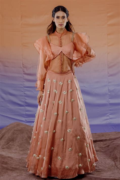 Buy Peach Bamberg Satin Embroidered Floral High Neck Lehenga Set For ...