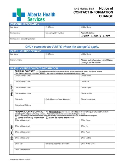 AHS Medical Staff Contact Information Change Form - Blank Fillable ...