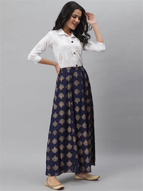 Gold Printed Rayon Shirt & Skirt Set (Off White,Blue) – Trendphoria