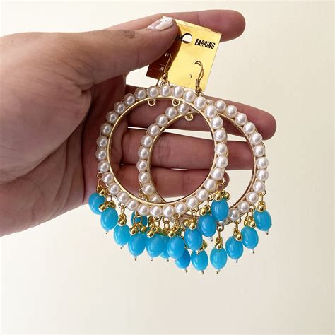 Pearl Golden Jhumka With Blue Beads Earring Bezels For Resin Art - Pre