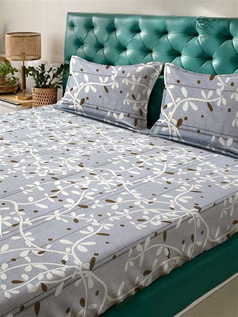 Grey Floral 300 TC Cotton Blend Fitted Double Bedsheet with 2 Pillow C ...