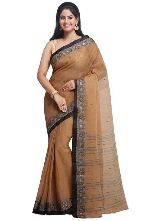 Buy WoodenTant Women's Pure Cotton Tant Saree In Beige & Navy Blue with ...