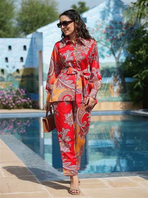 Red And Yellow Printed Satin Co Ords – Yufta Store