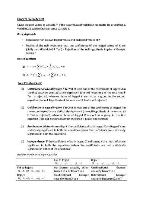 Granger Causality Test - Granger Causality Test Given the past values ...