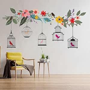 Rangoli Colorful Flower Branch with Birds Cage Wall Sticker (PVC Vinyl ...