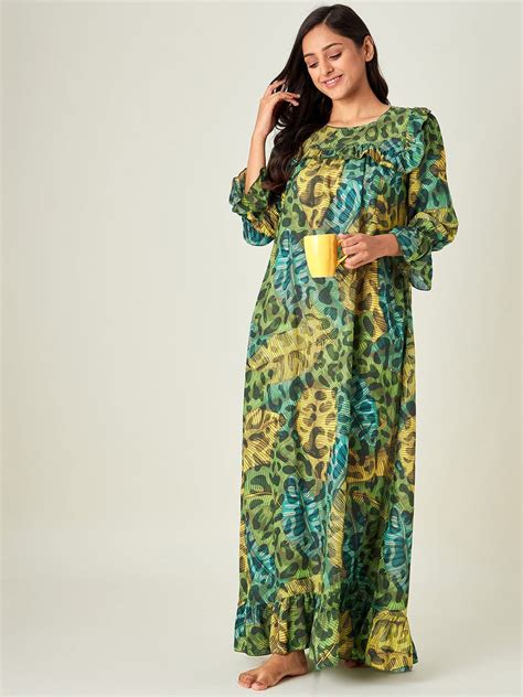 Buy Women Green Tropical Animal Rayon Maxi Length Nightdress â‚¬€œ The ...