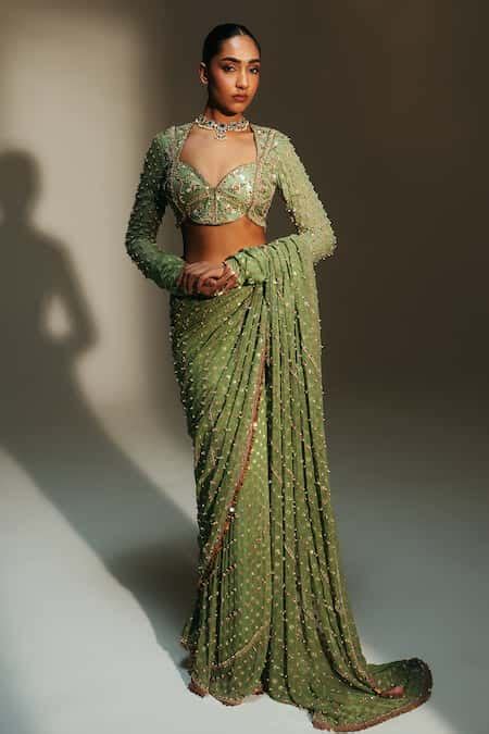 Buy Green Georgette Sequins, Embroidery Unnati Pre-draped Saree With ...