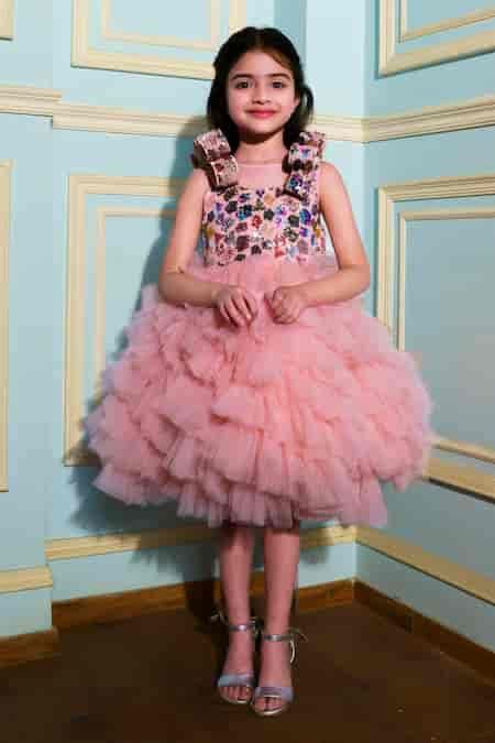 Buy Peach Tulle Sequins, Embroidery Flutter Dress For Girls by Hoity ...