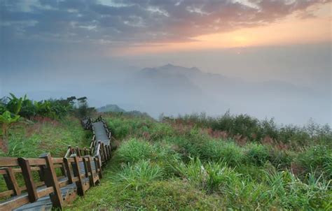 Download wallpaper grass, mountains, fog, dawn, ladder, section ...