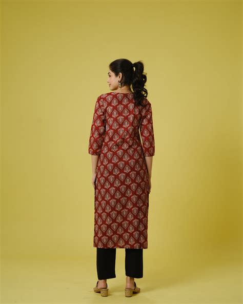Red 3/4th Sleeves Cotton Cambric Traditional Motifs Calf Length Kurta ...