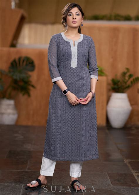 Flowy Grey chikankari kurta with contrast detaling Pant optional – Sujatra