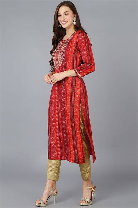 Red Viscose Rayon Geometric Embroidered Straight Kurta - Ahika