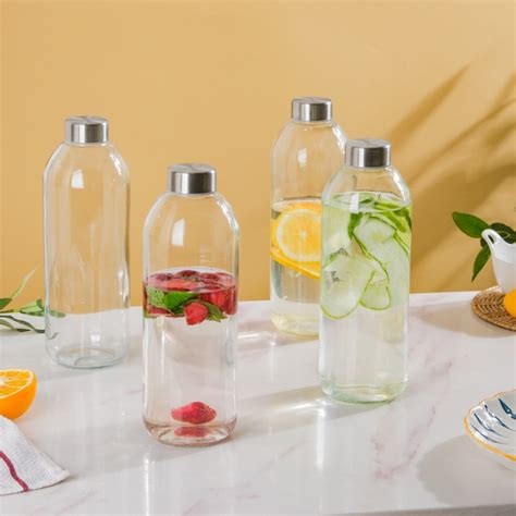 Borosilicate Glass Water Bottle Set of 4 - Glass Water Bottle 1 Ltr ...
