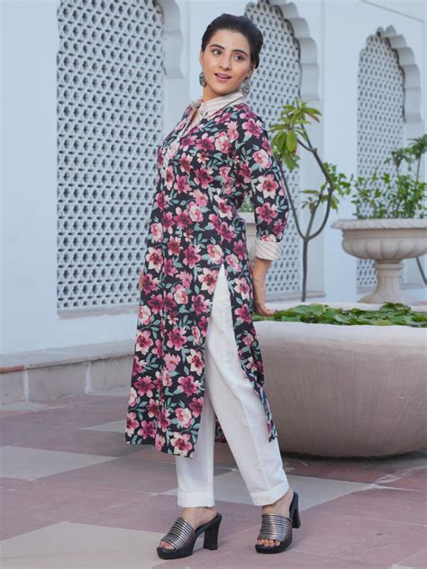 Buy Embroidered Linen Cotton Floral Pathani Black Kurta & Trousers ...
