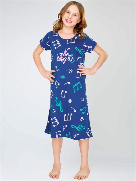 ZEYO Girl's Cotton Blue Night Dress Musical MELODY Printed Knee Length