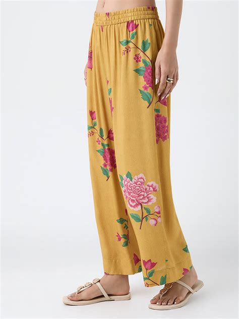 Buy Utsa Mustard Floral Printed Pants from Westside