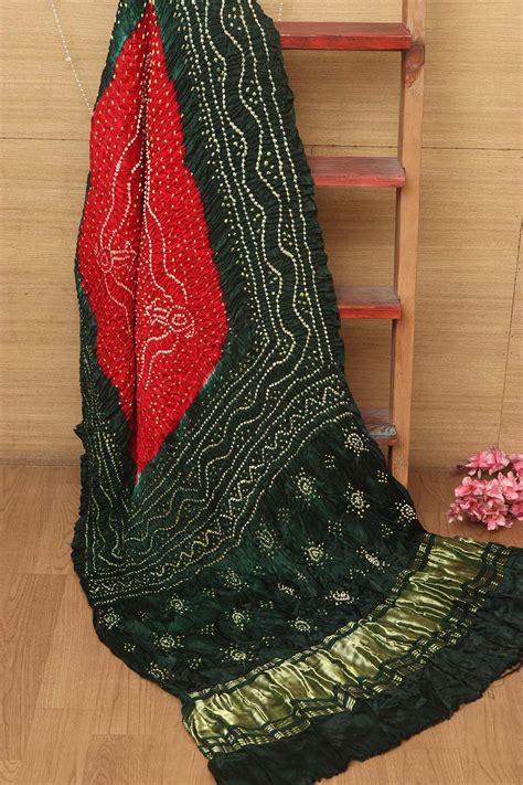 Stunning Red & Green Bandhani Gajji Silk Dupatta