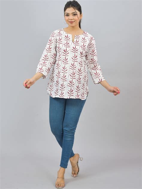 Pack Of 2 Womens Regular Fit Maroon Leaf And Pink Tribal Printed Tops ...