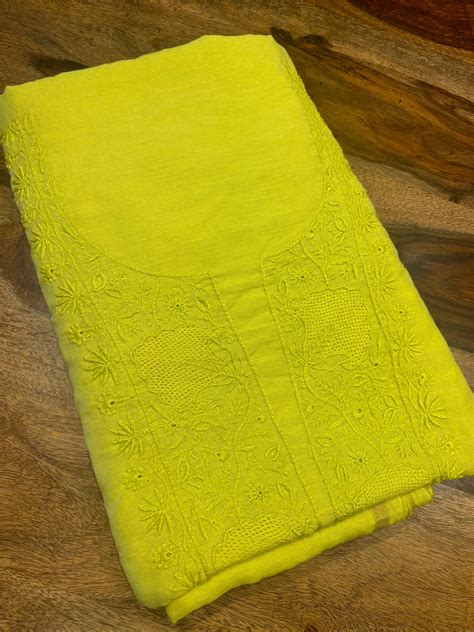 Neon Yellow Linen Chikankari Kurta Fabric