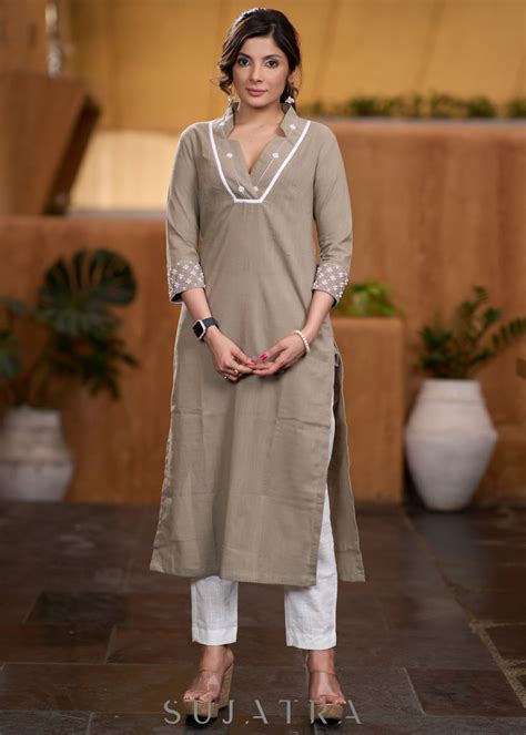 Elegant Beige cotton kurta with beadwork Pant optional – Sujatra