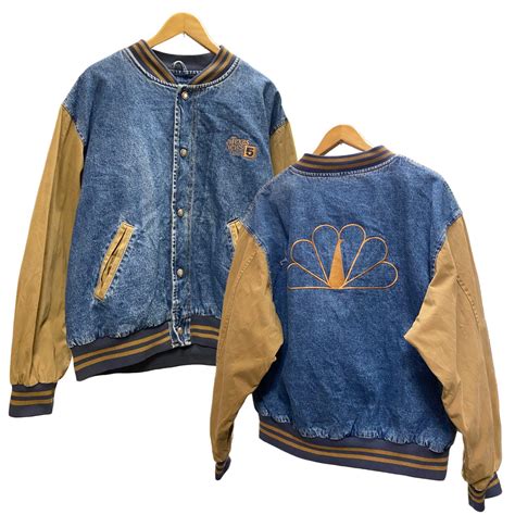 90s Dunbrooke NBC The Texas New Channel ロゴ 刺繍 ラインリブ デニム スナップ スタジャン ...