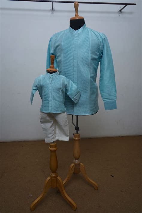 Sea Blue Raw Silk Emphasised Dad Son Combo – Anveshana Clothing