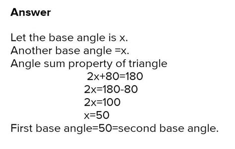 In an isosceles triangle, the base angles are equal to 50°. The vertex ...