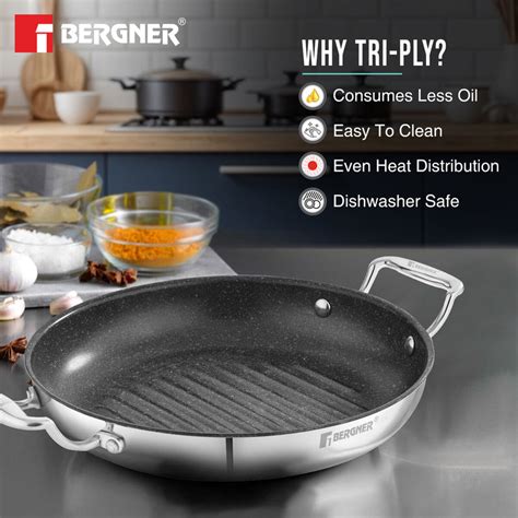 Bergner Argent Samsara Tri-Ply Stainless Steel 26cm Round Grill Pan wi