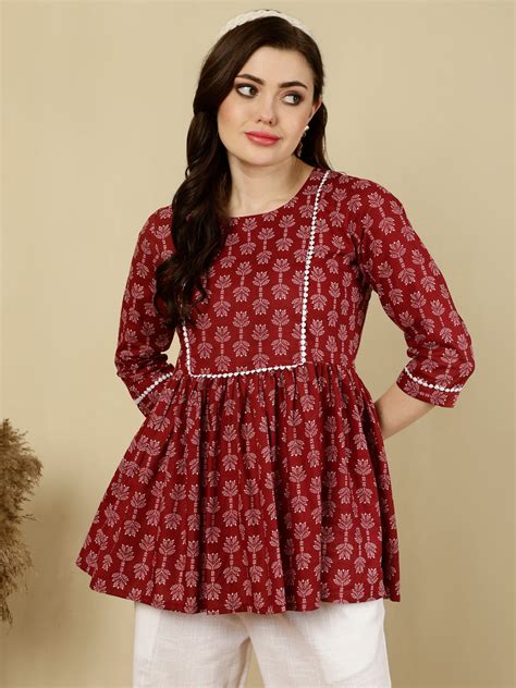 Printed 3/4 Sleeves Regular Pure Cotton (Red) Top – Trendphoria