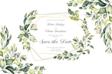 Huwelijksuitnodiging met gouden frame en groene bladeren | Gratis Vector