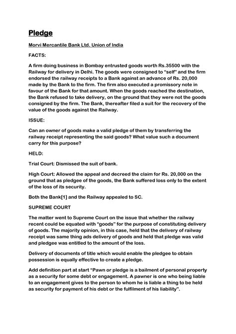 Caselaws final contd - Lecture notes 3 - Pledge Morvi Mercantile Bank ...