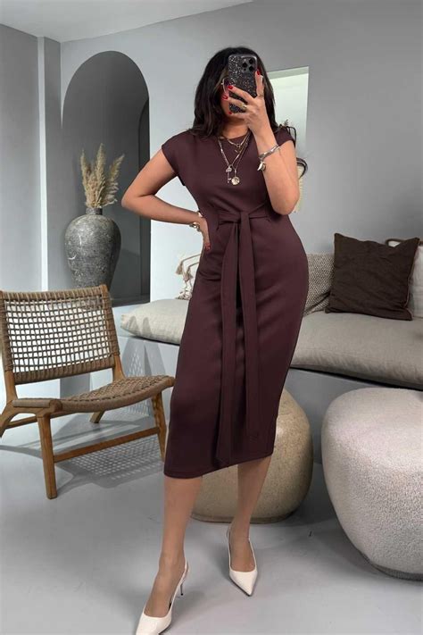 Bitter Coffee Modal Fabric Half Belted Midi Dress - Sohotique By P ...