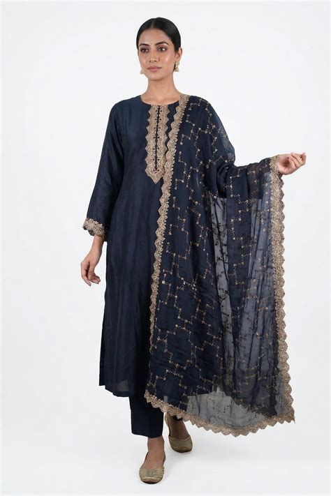 Navy Blue Embroidered Kurta Pant Set With Designer Dupatta