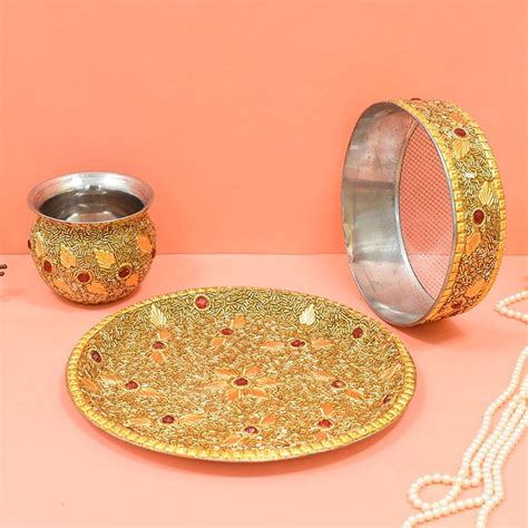 Buy Embellished Karwa Chauth Thali Set Online in India - Mypoojabox.in