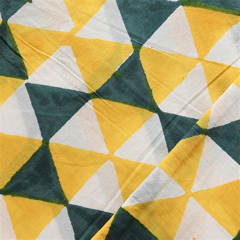 Pure Cotton Jaipuri White With Yellow And Green Triangles Hand Block P ...
