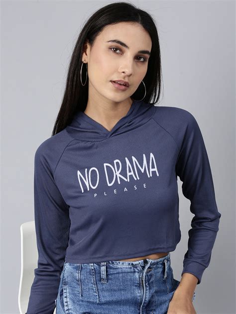 SHOWOFFFF Women's Long Sleeves Hood Typography Boxy Navy Blue Crop T-Shirt