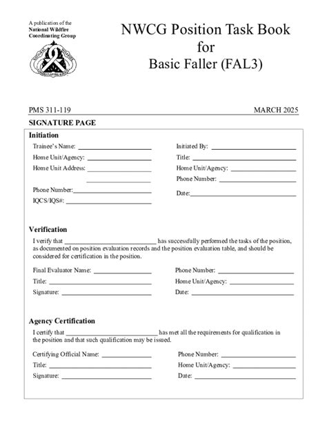 NWCG Position Task Book for Basic Faller (FAL3) - Blank Fillable ...