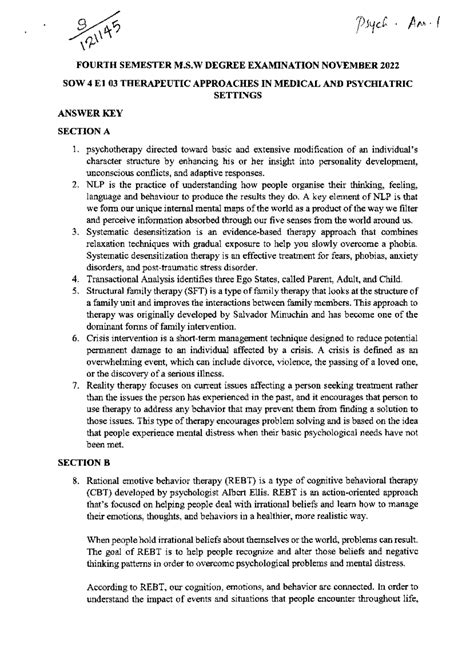 121145 SOW 4 E1 03 Therapeutic Approaches in Psychiatry Exam Key - Studocu