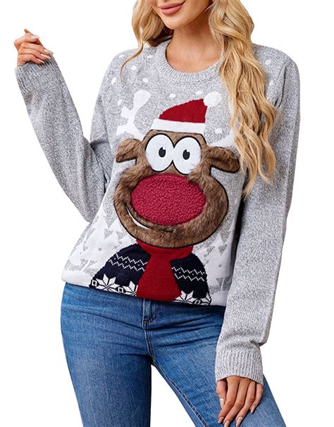 Chritsmas Sweaters for Women Crewneck Funny Reindeer 3D Embroidery ...