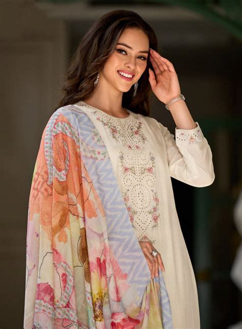 Siddhi Sagar Off-White Muslin Silk Unstitched Suit Material for Women ...